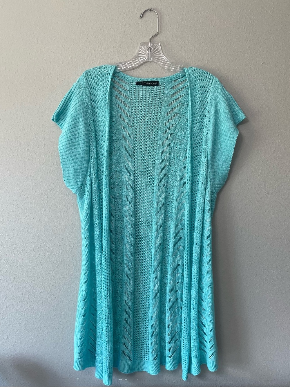 Maurices turquoise open-knit short-sleeve duster/cardigan Size 1 - Picture 2 of 9